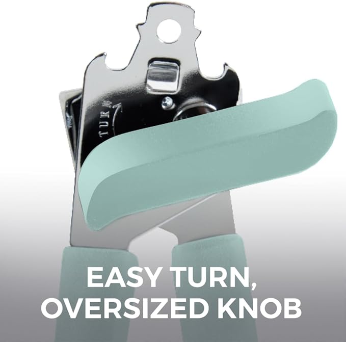 Kitchen Genie Heavy Duty Stainless Steel Manual Can Opener, Strong Blade for Smooth Edge Cuts, Open Cans Easily, Slip-Resistant Ergonomic Handle, Easy Turn Knob, Bottle Openers Included, Mint