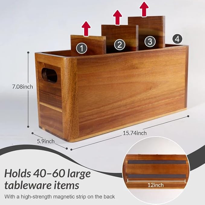Wooden Kitchen Utensil Holder Organizer for Counter or Countertop, Large Wooden Utensil Holder 4 Compartment, Acacia Wood Container Extra Large.with Strong Magnets Multifunctional Storage Knife Holder