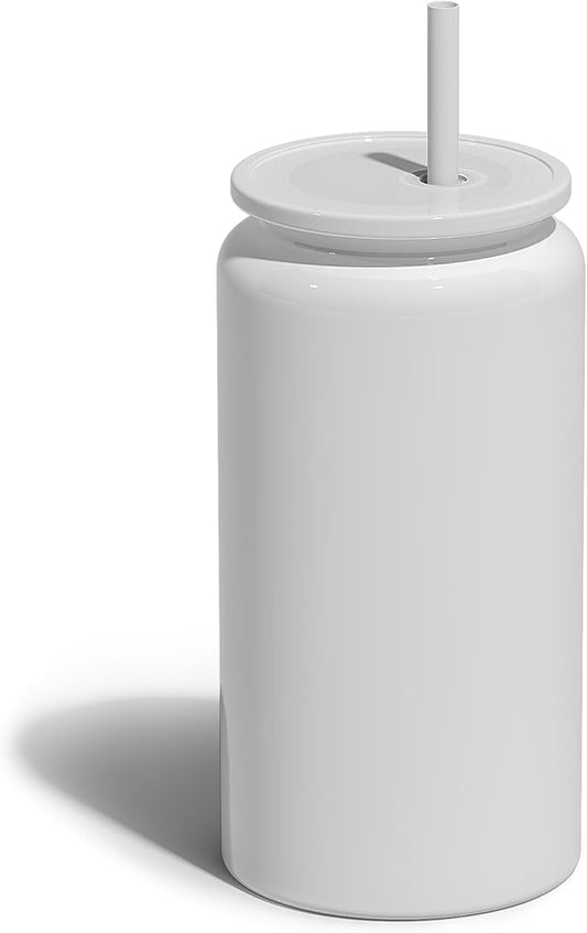 Glass Cups with Lids and Straws, 16oz Stainless Steels Cups, Beer Cups, Iced Coffee Cup, Smoothie Cup, Sublimation Tumbler, White (Smooth Polished Finish, Sublimatable)