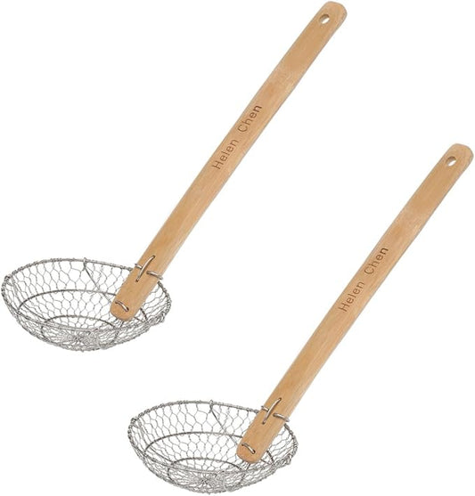 Helen’s Asian Kitchen Spider Strainer | 7-Inch Stainless Steel Wire Mesh Ladle with Sustainable Wood Handle for Large Batch Cooking and Frying, Set of 2