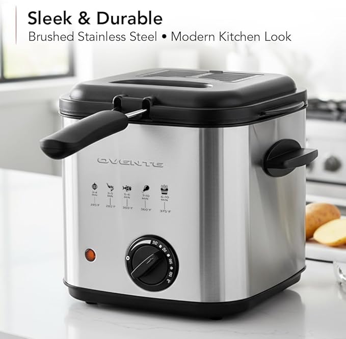 OVENTE Electric Deep Fryer, 1.5L Capacity, 800W with Adjustable Temperature, Viewing Window Lid, Removable Frying Basket & Cool-Touch Handles, Stainless Steel Countertop Fryer, Silver FDM1501BR