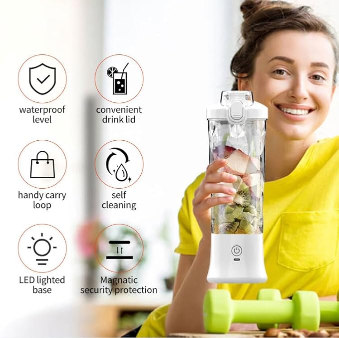 Portable Blender, Personal Blender for Shakes and Smoothies USB Rechargeable, Mini Juicer Cup with 6 Blades and Lid, Self Cleaning 23oz Single Serve Blenders for Travel, Home, Office, Camping