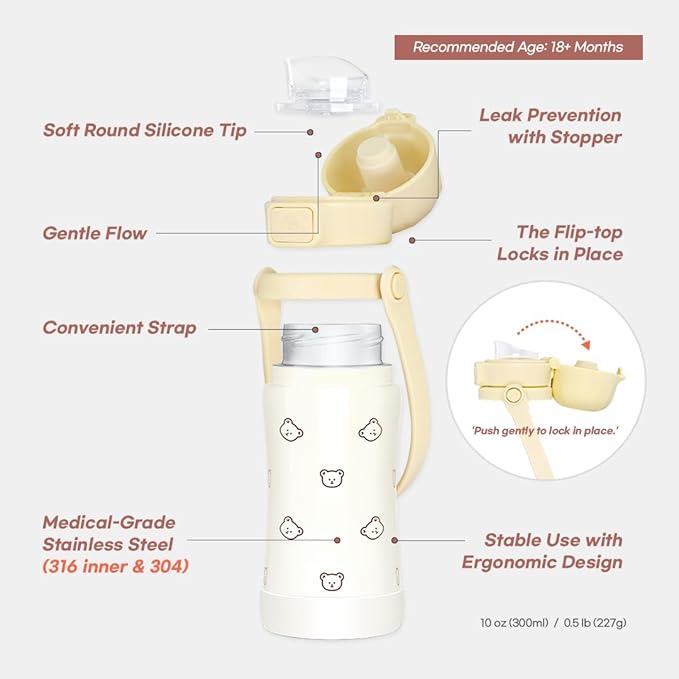 GROSMIMI Slow Flow Toddler Tumbler Water Bottle BPA Free 10 oz. (Stainless Steel, Olive)