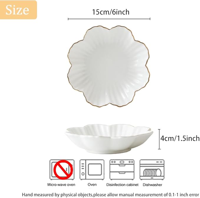Porcelain Serving Dish,Ceramics Flower Relish Tray with Metallic Rim,Serving Bowls for Wedding,Party Perfect for Small Cereal, Pasta, Salad, Candy and Snacks White 6.6 inch (6.6 inch)
