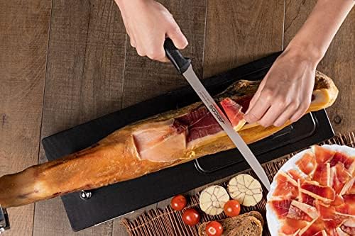 Arcos Slicing Knife/Ham Knife 9 Inch Nitrum Stainless Steel. Ergonomic Polyoxymethylene POM Black Handle. Useful utensil especially for slicing ham. Series Niza