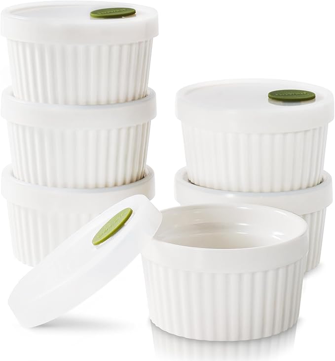 DOWAN Ramekins with lids 6 oz, Creme Brulee Ramiken Oven Safe, Ceramic Baking Bowls Souffle Dishes, Custard Cups Charcuterie Boards Bowls Dipping Sauces, Set of 6, White