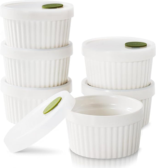 DOWAN Ramekins with lids 6 oz, Creme Brulee Ramiken Oven Safe, Ceramic Baking Bowls Souffle Dishes, Custard Cups Charcuterie Boards Bowls Dipping Sauces, Set of 6, White