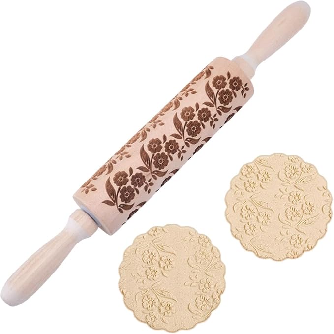 Embossed Wooden Rolling Pin Flower Leaves Print 35cm Rolling Pin for Baking Biscuits 3D Pattern DIY Kitchen Tool Baking Accessories Homemade Bakery Pastry Cookie Fondant Dough Pizza
