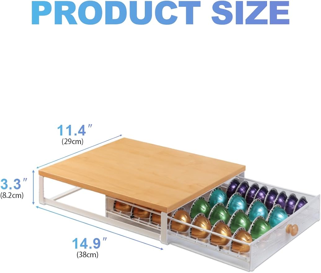 Sedegn Coffee Pod Holder Drawer Organizer Capsules Storage Organizer with Sliding Drawer Compatible For Nespresso Pods, Holds up to 56 Small or 28 Big nespresso pod Oak Color