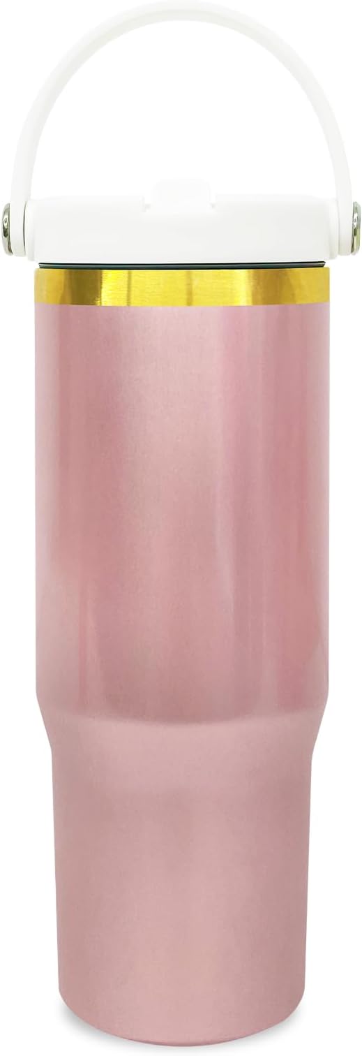 30 oz Tumbler with Handle and Straw, Vacuum Insulated Tumblers with Flip Straw and Top Handle, Leakproof Powder Coated Tumbler, Stainless Steel Travel Mug for Coffee Water (RoseGold, 1Pack)