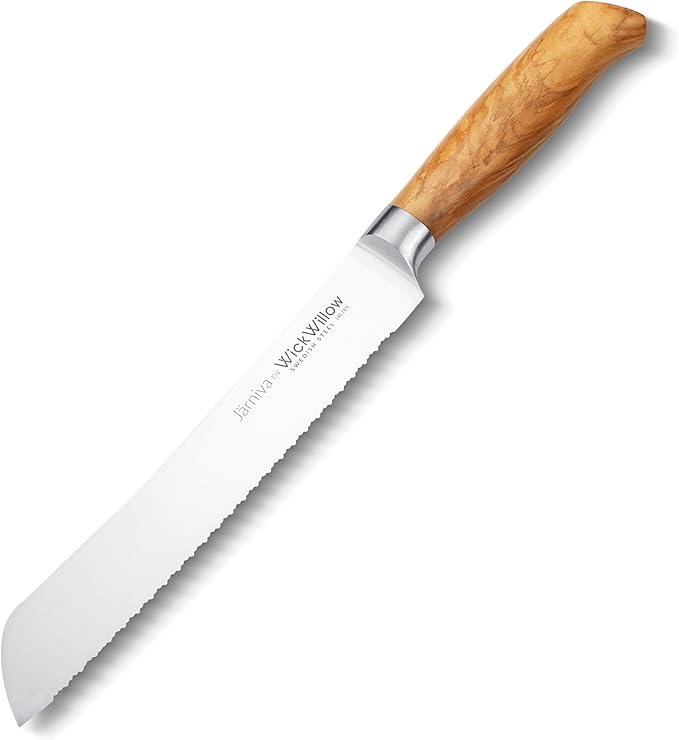WICKWILLOW 8 Inch Bread Knife – Swedish Steel 14C28N with Italian Olive Wood Handle – Double Serrated Knife for Sourdough & Homemade Bread – Gift Box – Jarniva Series