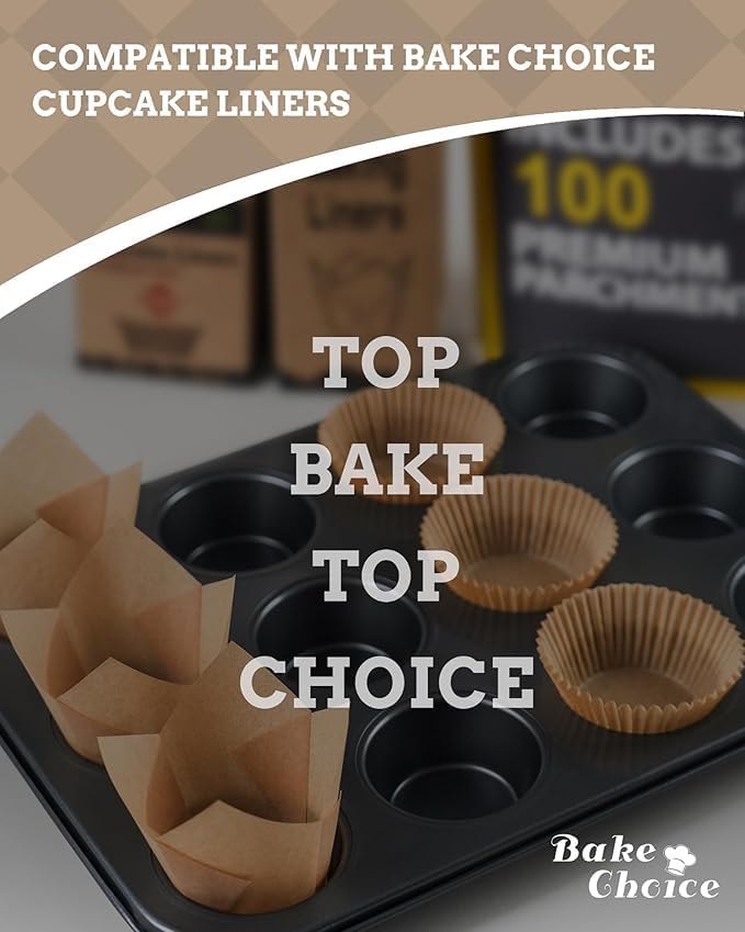 Bake Choice 2 Pack Muffin Pan for Baking, Standard Cupcake Pan includes 100 Natural Cupcake Liners, Muffin Tin Nonstick 12 Cup, Baking Pans Set, Carbon Steel Baking Supplies