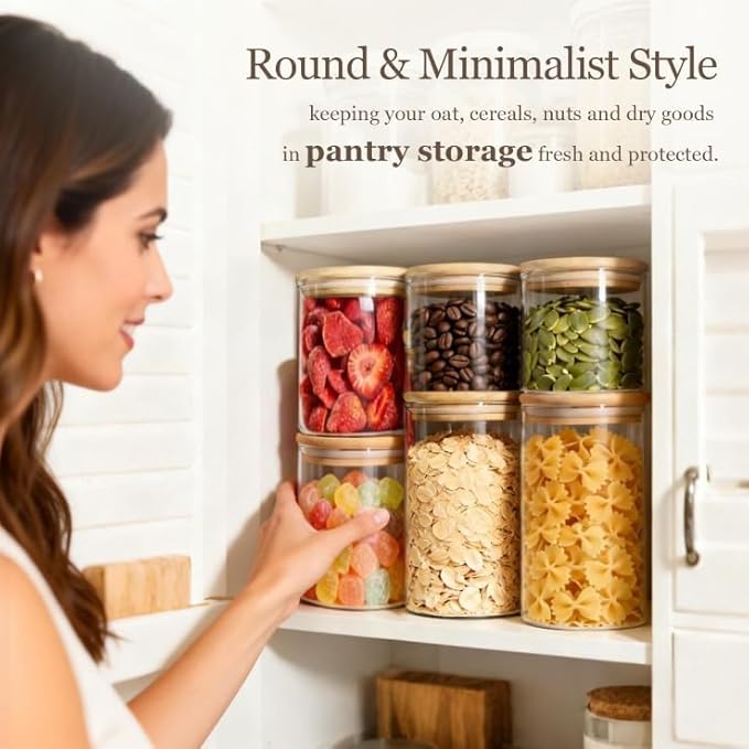 ComSaf Glass Storage Containers with Lids (0.6qt/1qt/1.5qt) Set of 6,Glass Pantry Storage Containers with Airtight Lid & lables for Dry Food, Snacks, Nuts, Stackable for Kitchen, Pantry Organization