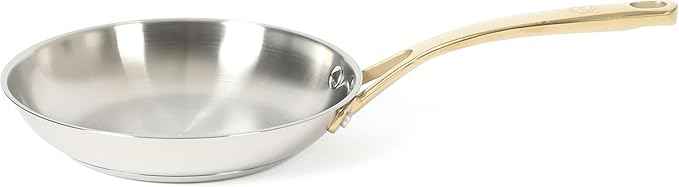Martha Stewart Castelle 8-Inch Stainless Steel Frying Pan with Gold-Tone Handle – Tri-Ply Encapsulated Bottom, Oven Safe & Induction Safe Skillet for Searing and Sautéing