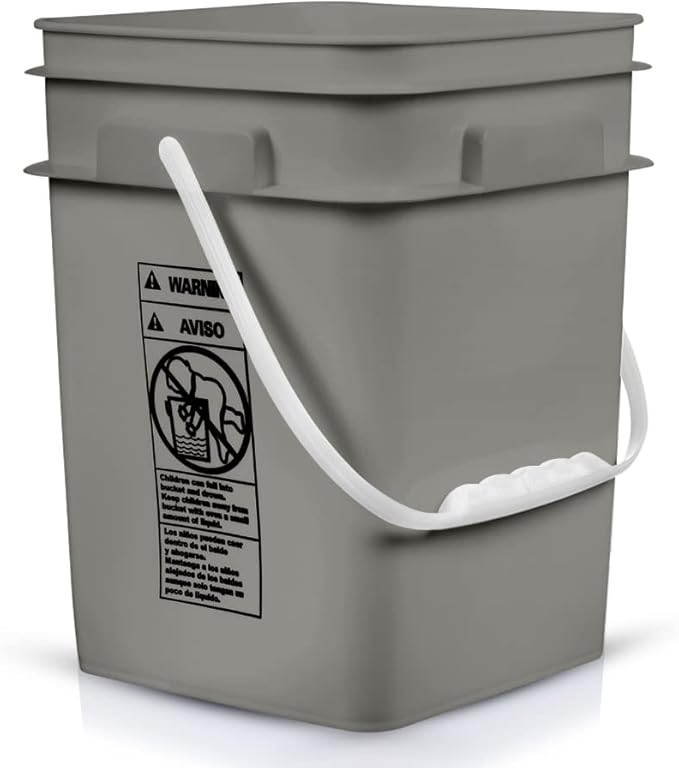 House Naturals 4 Gallon Square Food Grade Bucket Pail with Plastic Handles and Lid (Pack of 3) Made in USA containers (Gray Buckets-Green lids)
