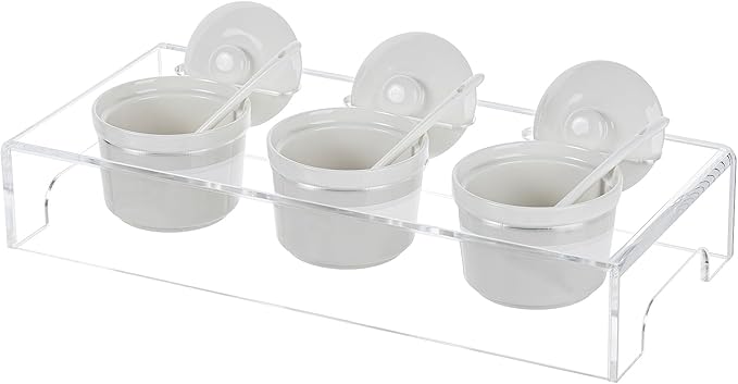 MyGift 10 Pcs Condiment Pot Serving Dishes Set, Clear Acrylic Server Tray and 3 Ceramic Ramekin Bowls with Lids and Spoons for Sauces, Dips, Hosting Essentials for Party