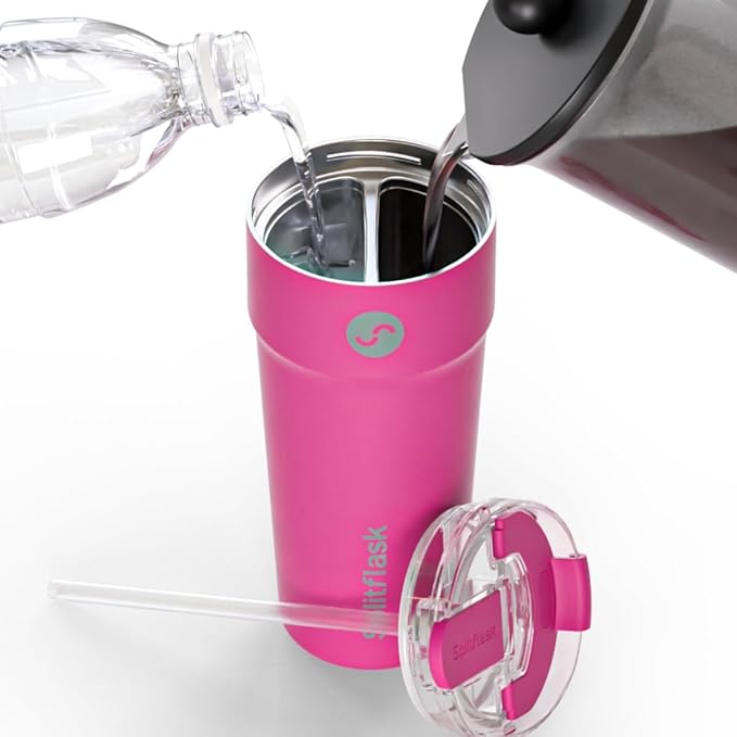 Splitflask 2-in-1 Dual Chamber Tumbler 30oz Hot & Cold Insulated Cup with Straw & Sip Lid, Leak Resistant Stainless Steel Travel Mug for Coffee, Water, Moms, Gym, Work, Car Cup Holder BPA-Free