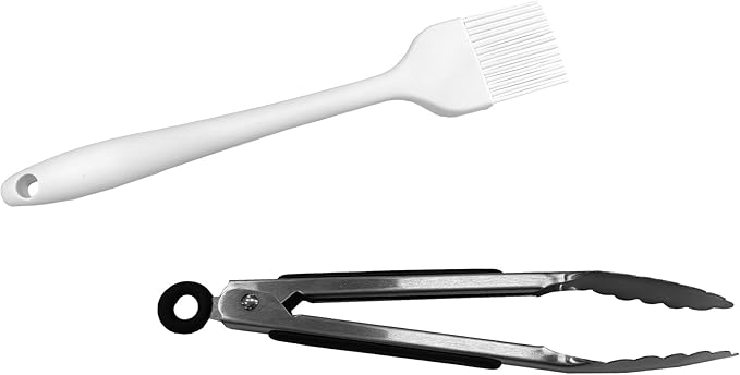 HBN 2-in-1 Stainless Steel Food Tongs & Heat-Resistant Silicone Basting Brush Set for Hot Dog Machine, Grill, Baking - Locking, Foldable, Dishwasher Safe