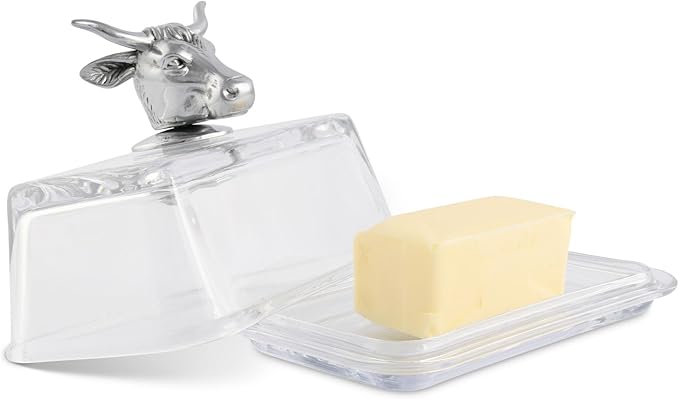 Arthur Court Glass Butter Dish with Lid Cow Head Knob | Classic 2-Piece Design Covered Butter Keeper | Covers and Holds a Standard Stick of Butter | Farmhouse Chic Décor