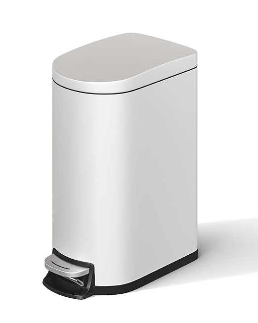 GarveeHome 2.6 Gallon Bathroom Trash Can, Space-Saving Slim Stainless Steel Step-On Garbage Bin with Soft Close Lid, Removable Inner Bucket for Bathroom & Bedroom, White