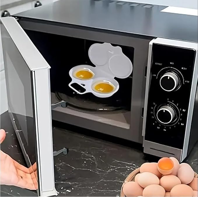 White Egg Poacher, Plastic Egg Boiler Poacher, 2 Cavity Nonstick Poached Egg Maker With Lid, Egg Poacher Microwave Egg Cooker, Drain Poached Egg Cups Cookware,Kitchen Dining Specialty Cookware