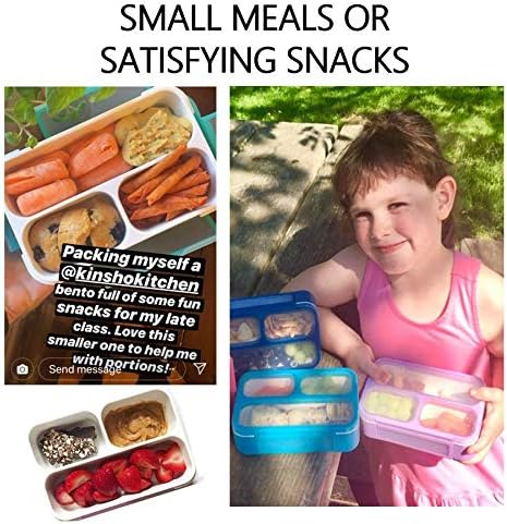 Small Snack Containers for Kids Toddlers - 3 Compartments (Set of 2) - Leak-Proof Boxes with Lids - BPA-Free Plastic Mini Bento Lunch Box - Ideal for School, Daycare, Holds 2 Cups (Purple + Blue)