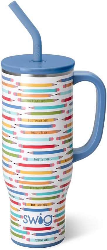 Swig Life 30oz Mega Mug, 30 oz Tumbler with Handle and Straw, Cup Holder Friendly, Dishwasher Safe, Extra Large Insulated Tumbler, Stainless Steel Water Bottle (Teacher Life)