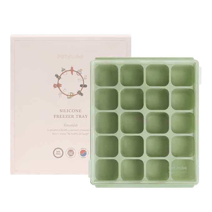 Baby Food Storage Silicone Cubes with Clip-On Lid Freezer Tray Baby Food Soups Purees Ice Safe Design Made in Korea (20cubes 0.8oz, Celadon Green Set of 2)
