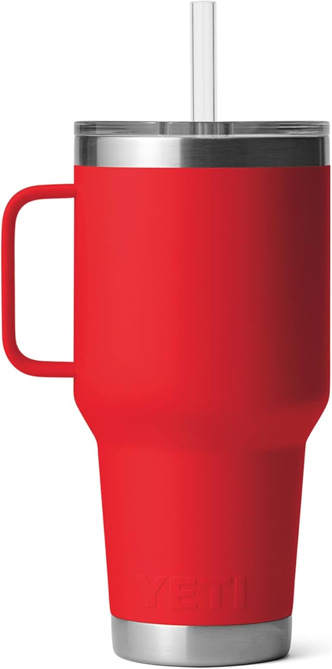 YETI Rambler 35 oz Tumbler with Handle and Straw Lid, Travel Mug Water Tumbler, Vacuum Insulated Cup with Handle, Stainless Steel, Rescue Red
