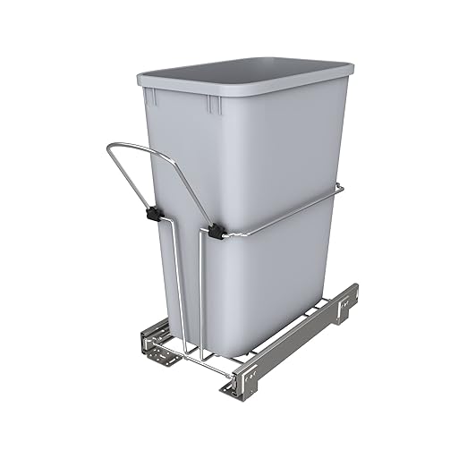 Rev-A-Shelf 32 Qt Pullout Kitchen Cabinet Metal Wire Sliding Universal Trash Can with Rear Basket for Waste Disposal and Organization, RUKD-1432RB-1
