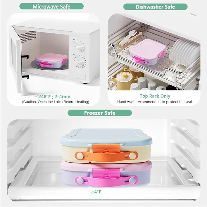 Bento Lunch Box for Kids - Toast-Shaped 4-Compartment Lunchable Food Container with Sauce Cup, Utensils & Brush, BPA-Free, Reusable Snack Container with lid, Ideal for School & Travel - Purple