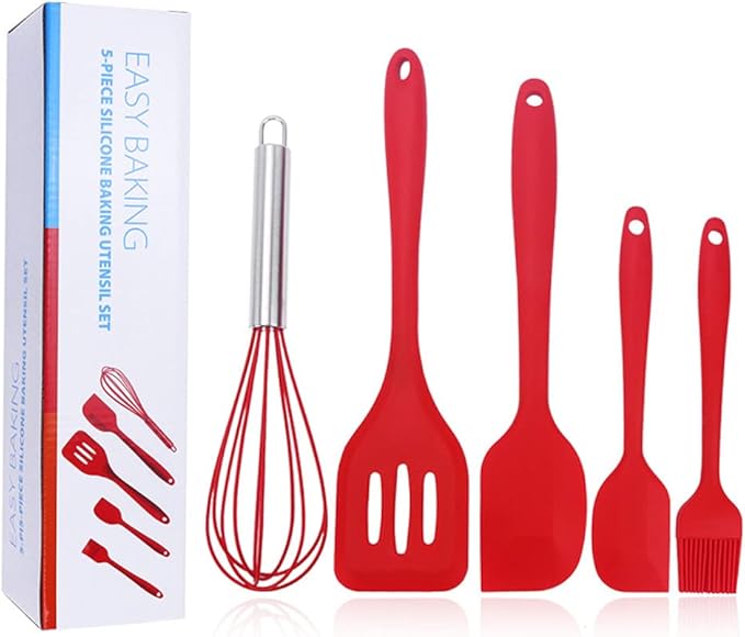 NatureMan 5 Pieces Non-Stick Food Silicone Kitchenware Utensils- Kids Cooking Sets - for Cooking Baking Mixing, Stirring-Ergonomic Dishwasher Safe（Red）