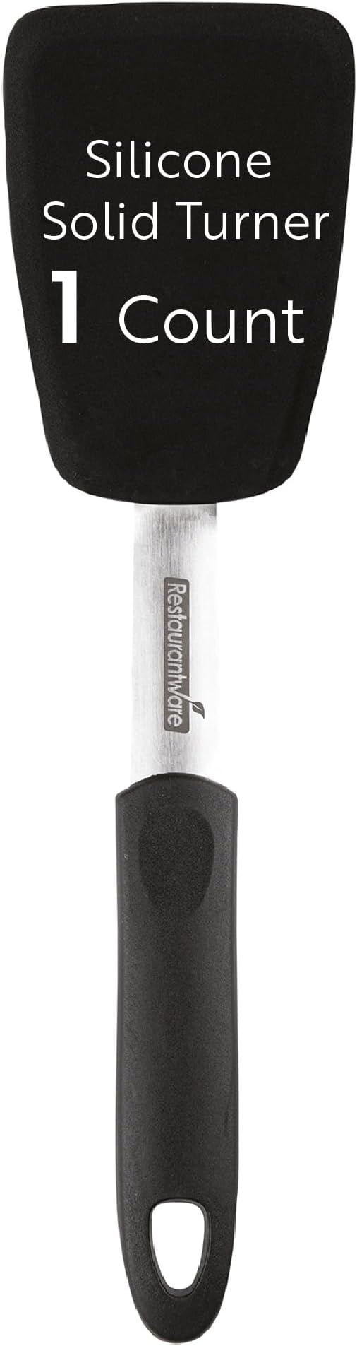 Restaurantware Comfy Grip 12 x 3 Inch Silicone Turner 1 Durable Cooking Turner - Stainless Steel Body Rubber Handle With Hole Black Silicone Flipper Spatula Tolerates Up To 446F Dishwashable