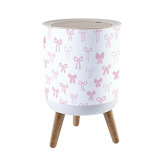 Trash Can with Lid Pink Bow Cute Seamless Elegant Coquette Hand Drawn Ribbon Press Top Round Small Garbage Bin with Wooden Legs Waste Basket for Kitchen Bedroom Nursery 7L/1.8 Gallon