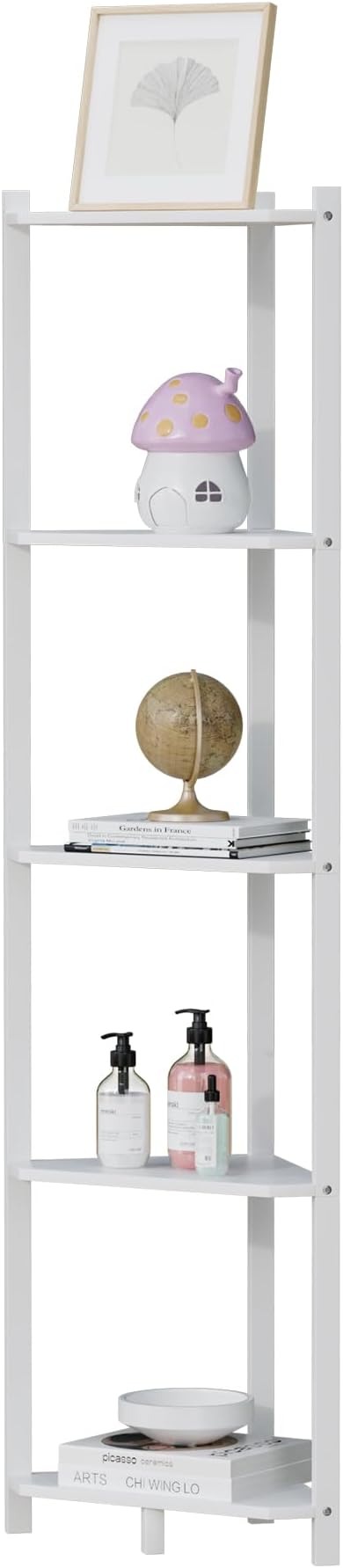 Wisuce Corner Shelf, 100% Real Bamboo Shower Corner Shelves Free Standing Shelf Storage Organizer for Bathroom Living Room Kitchen (White, 5 Tier)