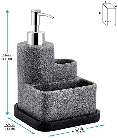 ZCCZ Black Soap Dispenser with Sponge Holder, Kitchen Soap Dispenser Pump, Sponge Caddy and Brush Holder 3 in 1 Set Organizer for Sink Countertop, Removable Tray, Marble Look (Brush NOT Included)