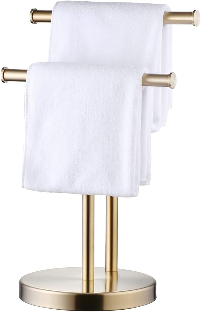 SHUNLI Hand Towel Holder Stand, Double T-Shape Hand Towel Stand Rack for Bathroom Countertop, SUS304 Stainless Steel, Brushed Gold