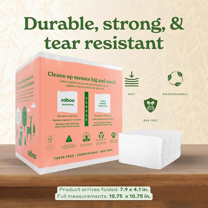 Caboo Tree Free Napkins, 4 Packs of 250, 1000 Total Napkins, Sustainable & Disposable Kitchen Napkin