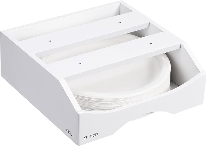 9-inch Paper Plate Dispenser Under Cabinet, Bamboo Paper Plate Holders, Kitchen Counter Vertical Plate Dispensers Holders Countertop Caddy(For 9-inch Plates, White)