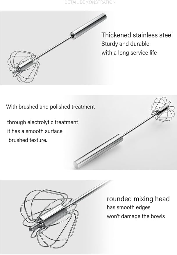 3 PCS Stainless Steel Semi-Automatic Whisk, Hand Push Rotary Whisk Blender, Versatile Milk Frother for Blending, Whisking, Stirring (11+12+13 Inch)