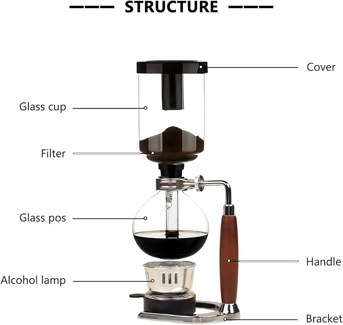Glass Siphon Coffee Maker, Automatic Vacuum Coffee Brewer 3-Cup (360ml) with Alcohol Burner, Adjustable Buffer Clamp, Stainless Steel Bracket Base for Coffee Aficionados
