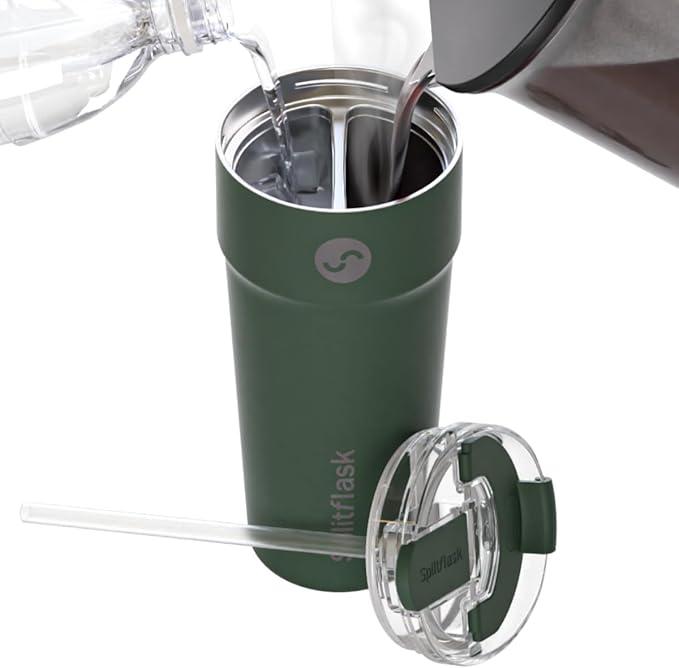 Splitflask Dual‑Chamber 30‑oz Travel Mug – Vacuum Insulated Stainless‑Steel Hot & Cold Tumbler, Leak‑Proof Lid, Cup‑Holder Friendly, BPA‑Free.