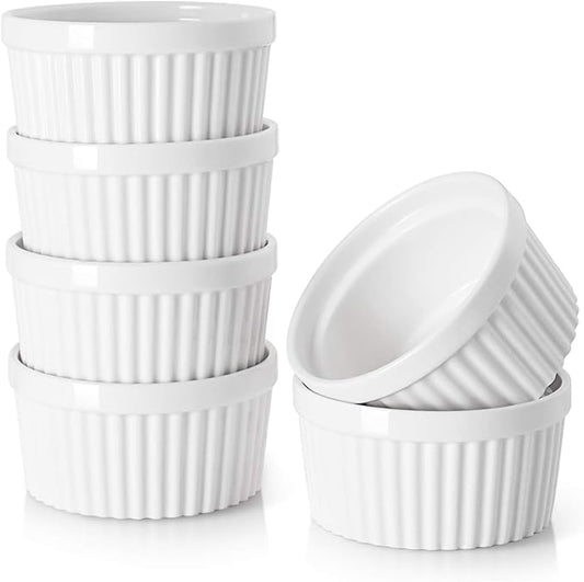 DOWAN 8 oz Ramekins Oven Safe for Creme Brulee, Souffle Dish Baking Bowls, Custard Cups for Pudding Dips Sauce Dessert Yogurt Ice Cream, Ceramic Ramiken Set of 6, Soft White