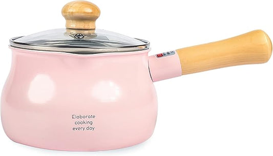 1.2L beige small milk pot with lid cute wooden handle household non-stick pan hot milk baby baby food supplement pot noodle soup pot(size: 5.1 inches long x 3.5 inches high)