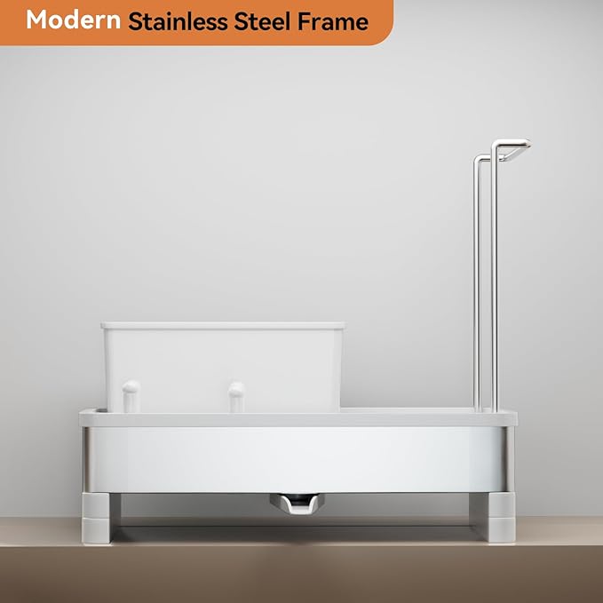 Sponge Holder for Kitchen Sink, Rustproof Stainless Steel Sink Caddy with Auto-Drain, Removable Brush Holders, Soap and Dishcloth Organizer, White