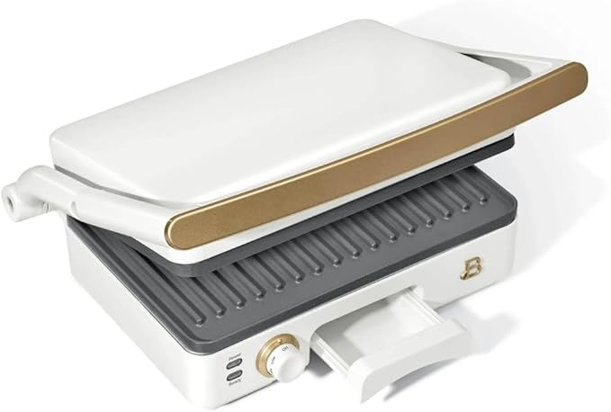 Panini Press Indoor Grill 1 2-in-1200W Non-Stick Removable Plates Sandwich Maker by Drew Barrymoree. (White Icing)