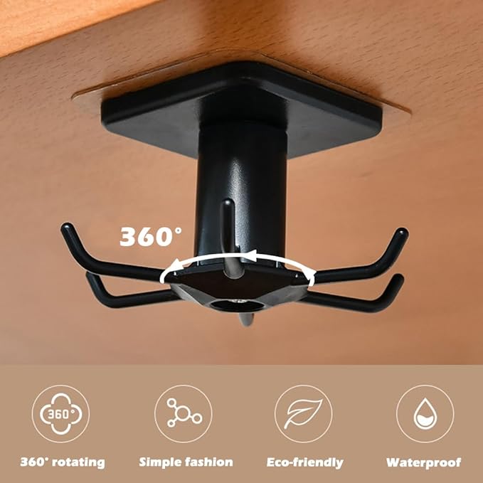 4 PCS Under Cabinet Kitchen Utensil Hooks 360° Rotation Adhesive Nail Free Hanging Rack for Kitchen Utensils, Tools, Towel, Knife (Black)