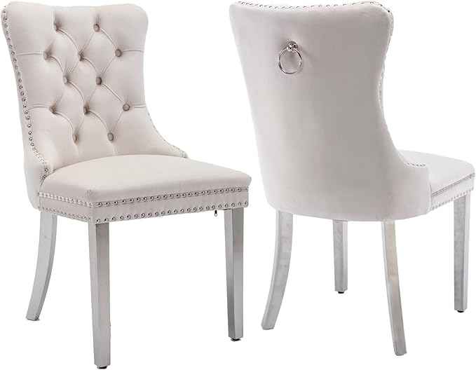 Velvet Dining Chairs Set of 2, Upholstered Dining Room Chairs with Back Ring Pull Trim and Sliver Stainless Steel Legs,Tufted Wingback Chair Perfect for Dining Room,Living Room,Kitchen(Beige)
