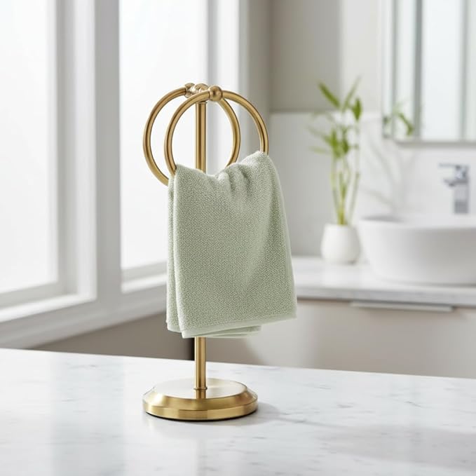 J&V TEXTILES Steel Towel Rack Holder Stand with 2 Hanging Rings for Bathroom Vanity Countertops - Space Saving Hand Towel Holder (Aged Brass)