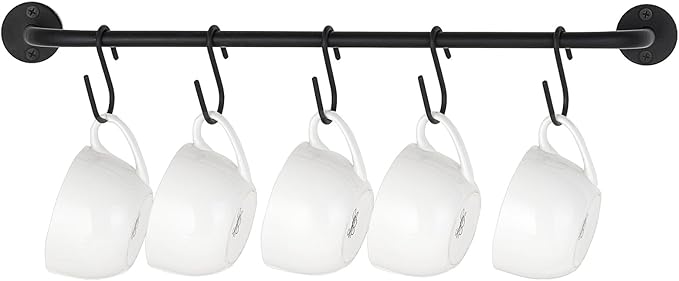 Mkono Mug Holder Wall Mounted Coffee Cup Rack Hanger Modern Metal with 5 Mug Hooks Rustic Utensil Tea Cups Storage Organizer for Kitchen Dining Room Coffee Bar,Black